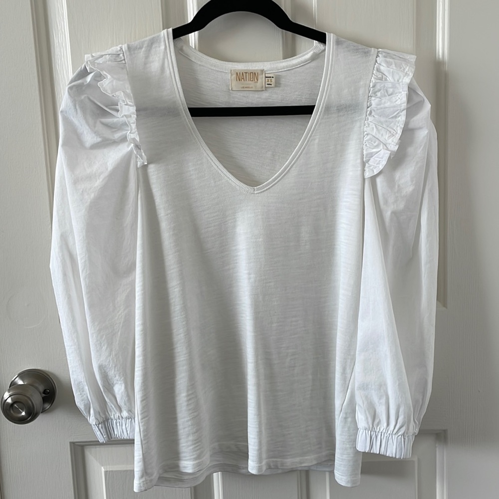 Nation LTD White Ruffle Sleeve Top